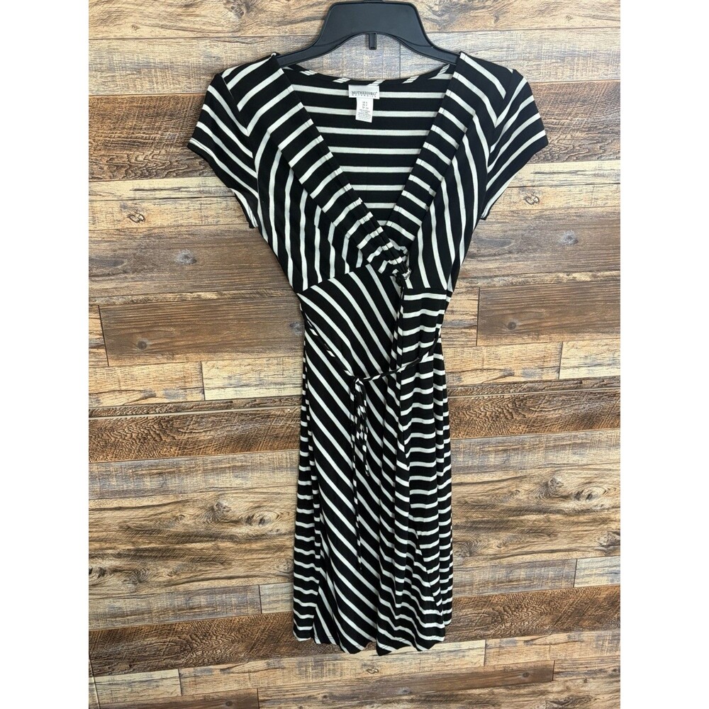 Motherhood Maternity Black White Striped Wrap Dress V-Neck Short Sleeve S